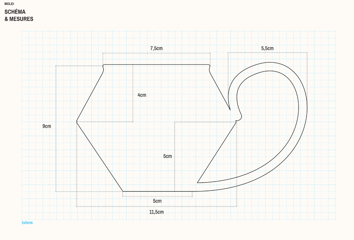 Schéma et mesures de la tasse Jupiter : 9 cm de haut, 7,5 cm d'ouverture, 5 cm de base, anse de 5,5 cm